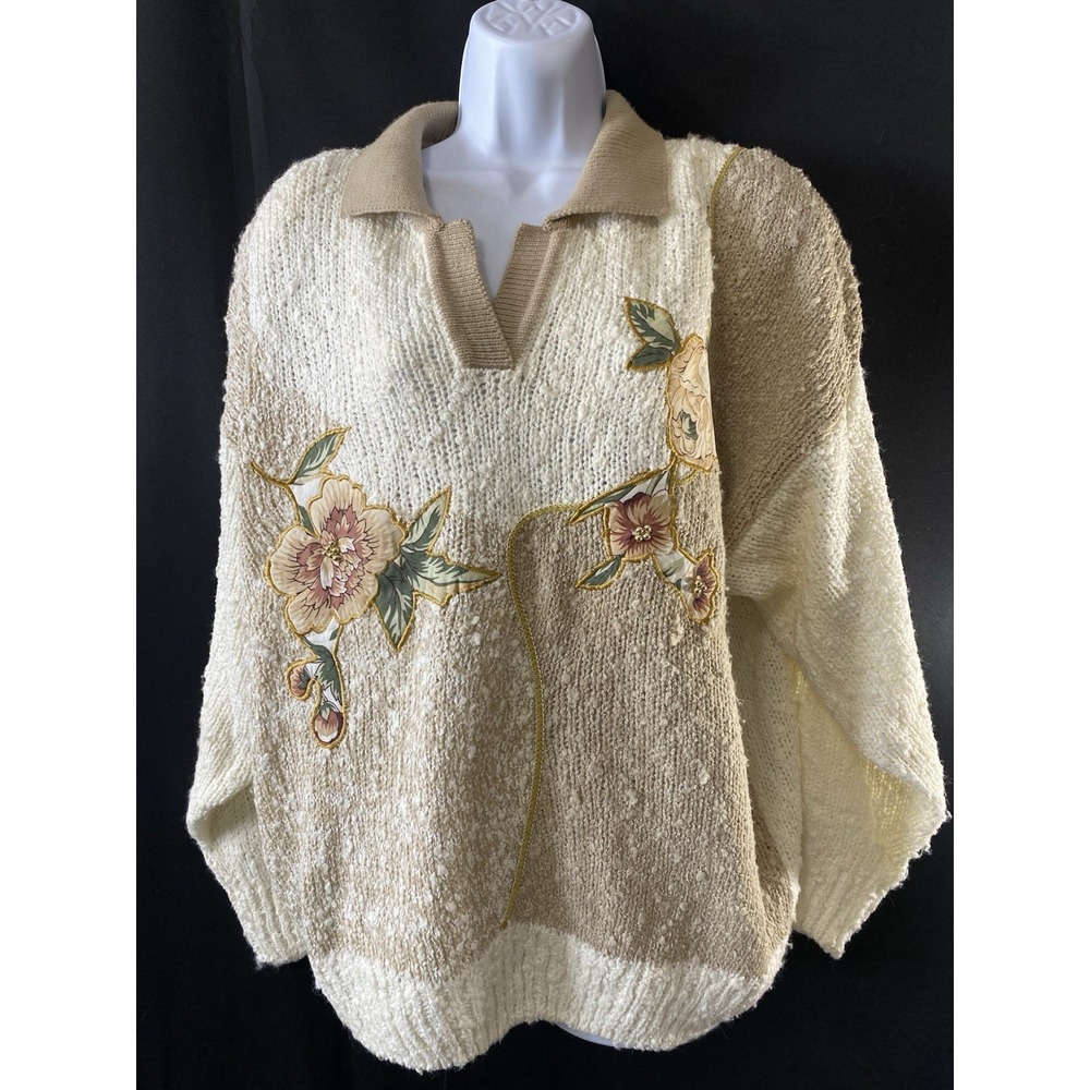 Vintage Women's Chunky Knit Sweater Size 22 Cottage Core Flowers Valentine's Day